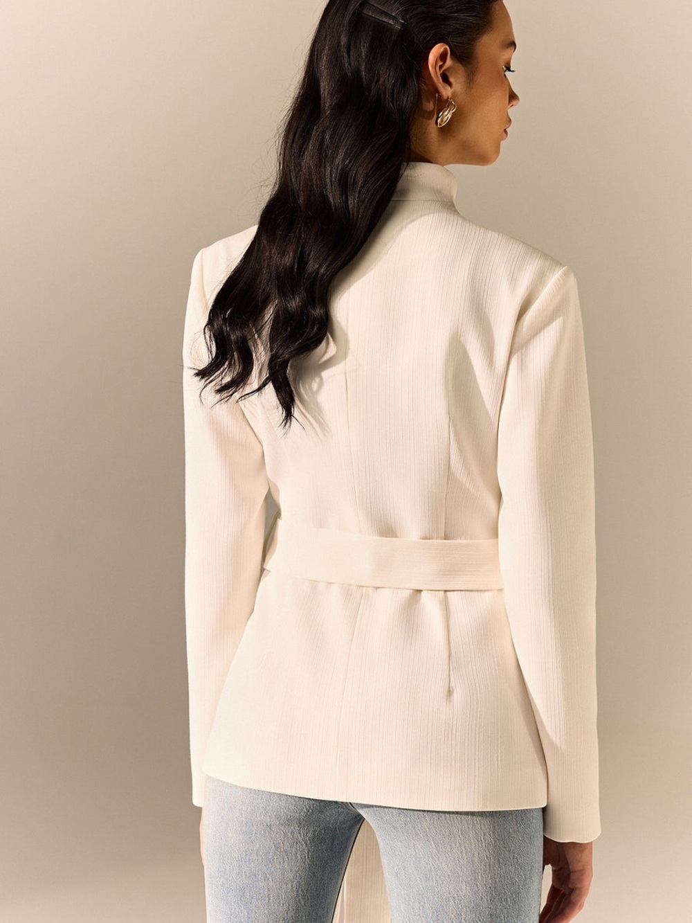 Commense Stand Collar Belted Long Sleeve Blazer - Picture 3 of 4